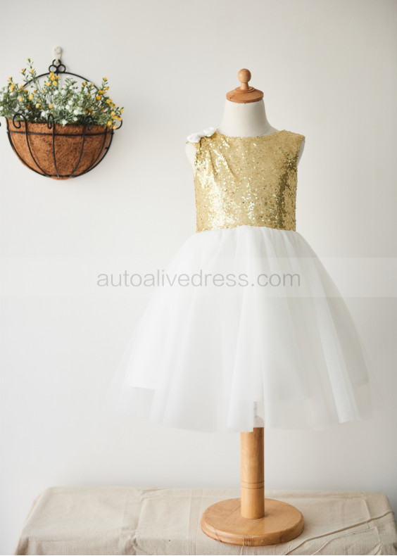 Gold Sequin Ivory Tulle Knee Length Flower Girl Dress With Bow Gold Sequin Ivory Tulle Knee Length Flower Girl Dress With Bow